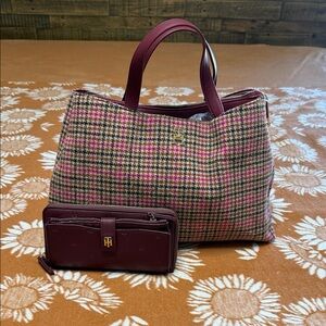 Tommy Hilfiger Pink Plaid Tote with Burgundy Leather Wallet
